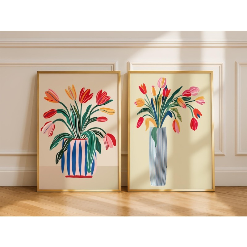 Home Decor Vase With Flowers - قطعتان من لوحات جدارية قماشية لزهور